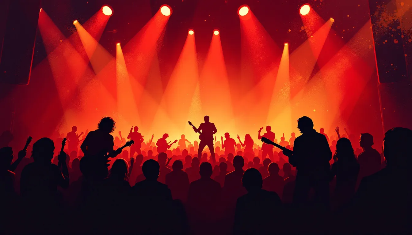 Ilustración editorial de ambiente de concierto de rock español con iluminación cálida