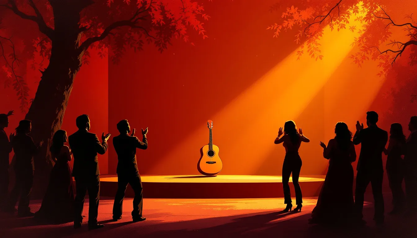 Ilustración editorial de atmósfera flamenca con palmas, taconeo y guitarra en escena iluminada