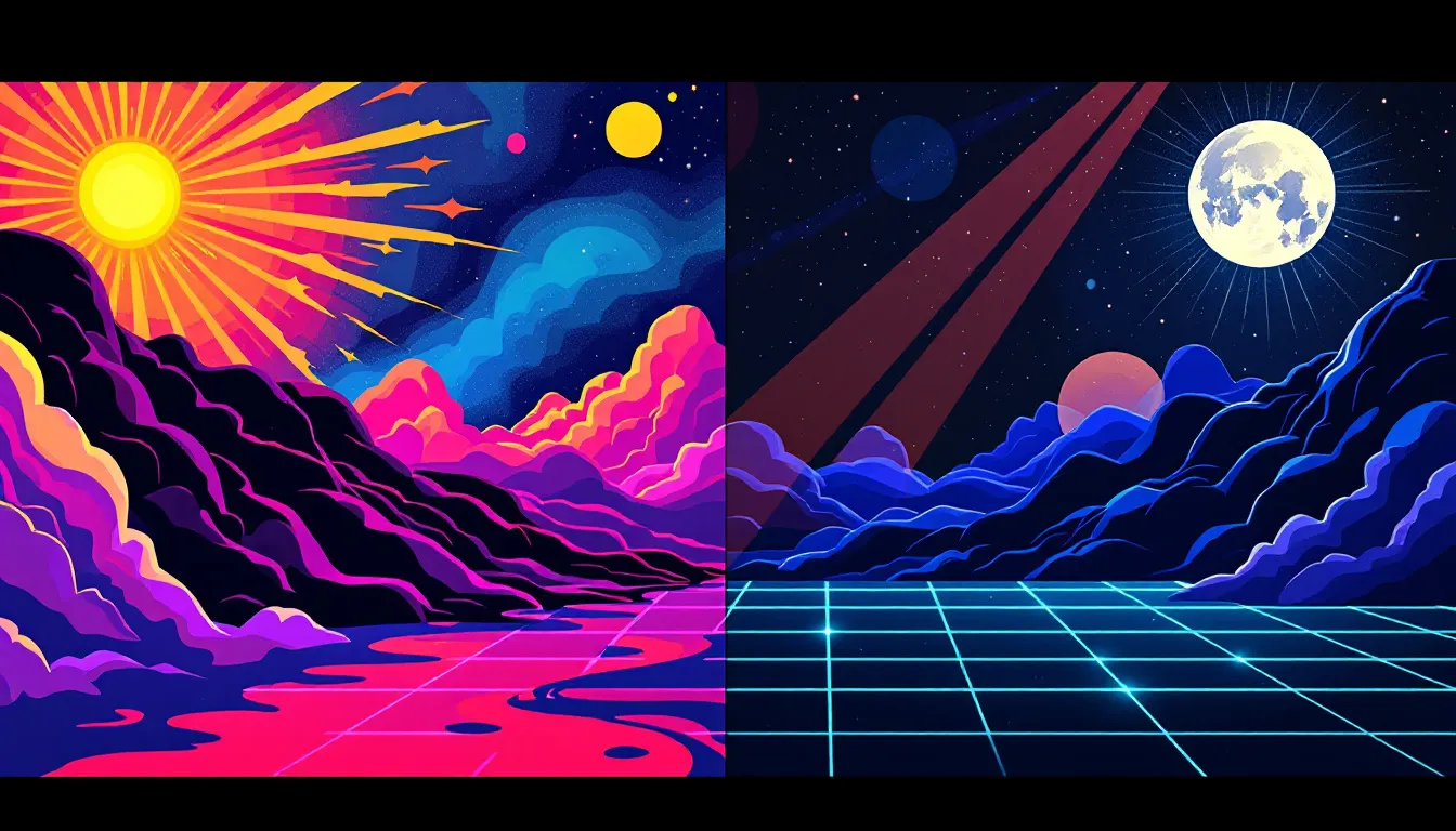 Ilustración editorial de concepto pop dual con atmósferas de día y noche en contraste