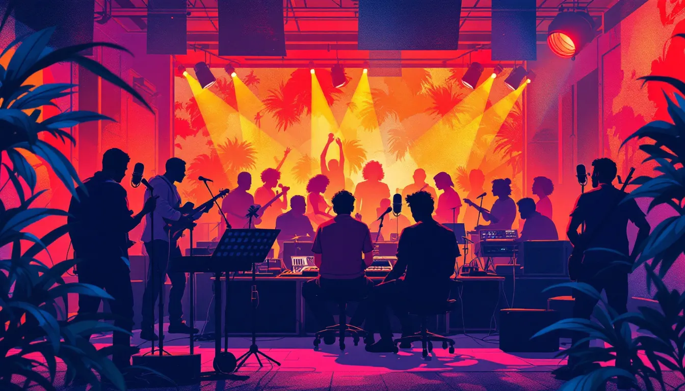 Ilustración editorial de atmósfera colaborativa de música latina, ambiente de estudio urbano y contemporáneo
