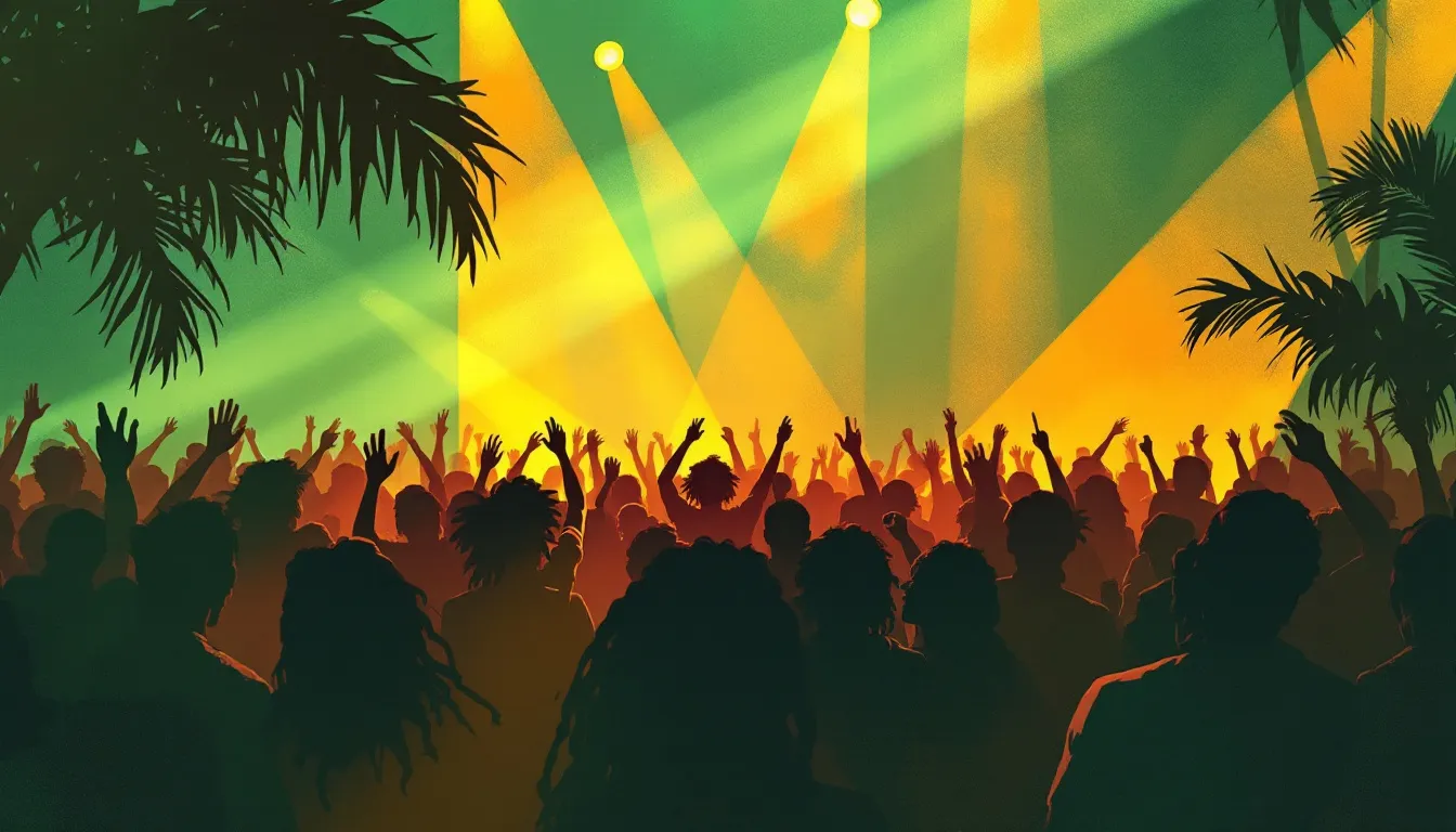 Ilustración editorial de atmósfera de concierto reggae con luces cálidas y siluetas de público bailando