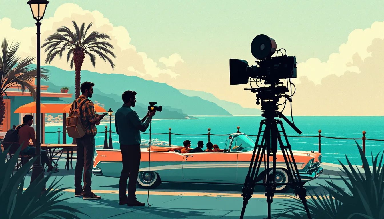 Ilustración editorial de ambiente cinematográfico de los años sesenta con atmósfera costera