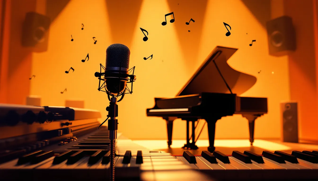 Ilustración editorial de sesión de rap con piano y atmósfera de estudio cálida y solemne