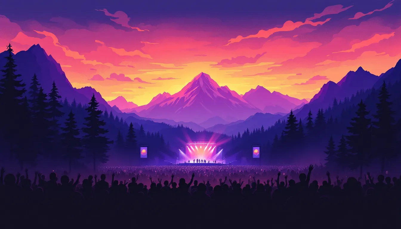 Ilustración editorial de festival de música en montaña con escenario iluminado al atardecer y público abstracto