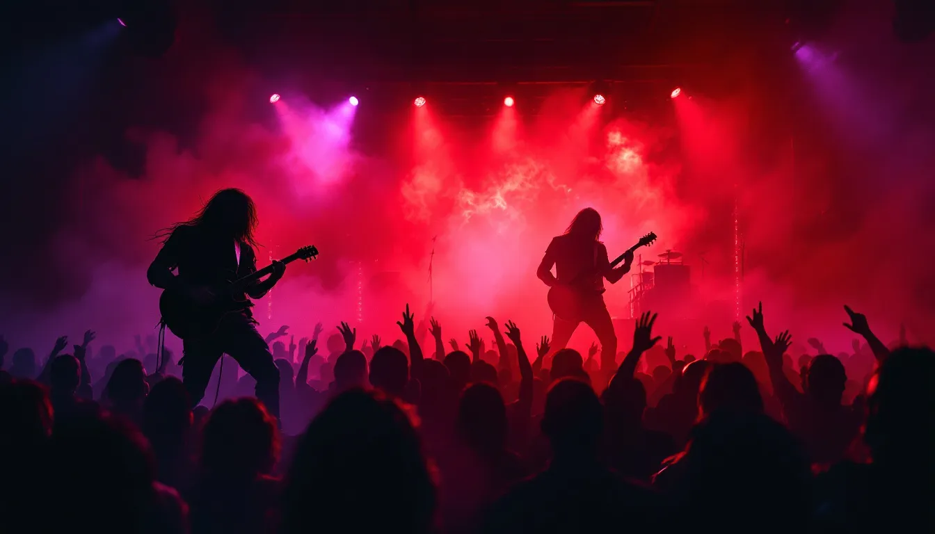 Ilustración editorial de atmósfera de concierto de rock industrial con luces dramáticas y estética gótica