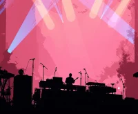 Ilustración editorial de atmósfera darkwave industrial con iluminación dramática y equipos electrónicos