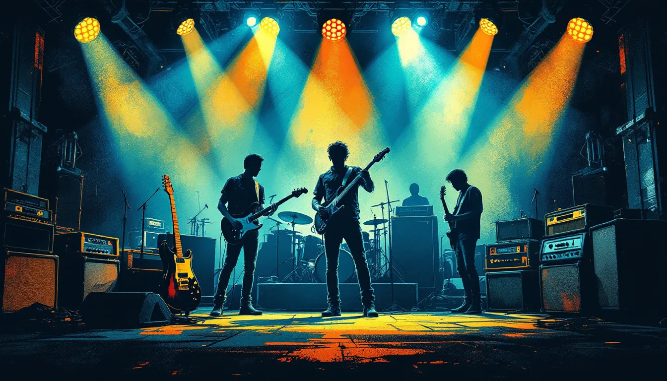 Ilustración editorial de atmósfera de concierto de rock garage con iluminación dramática