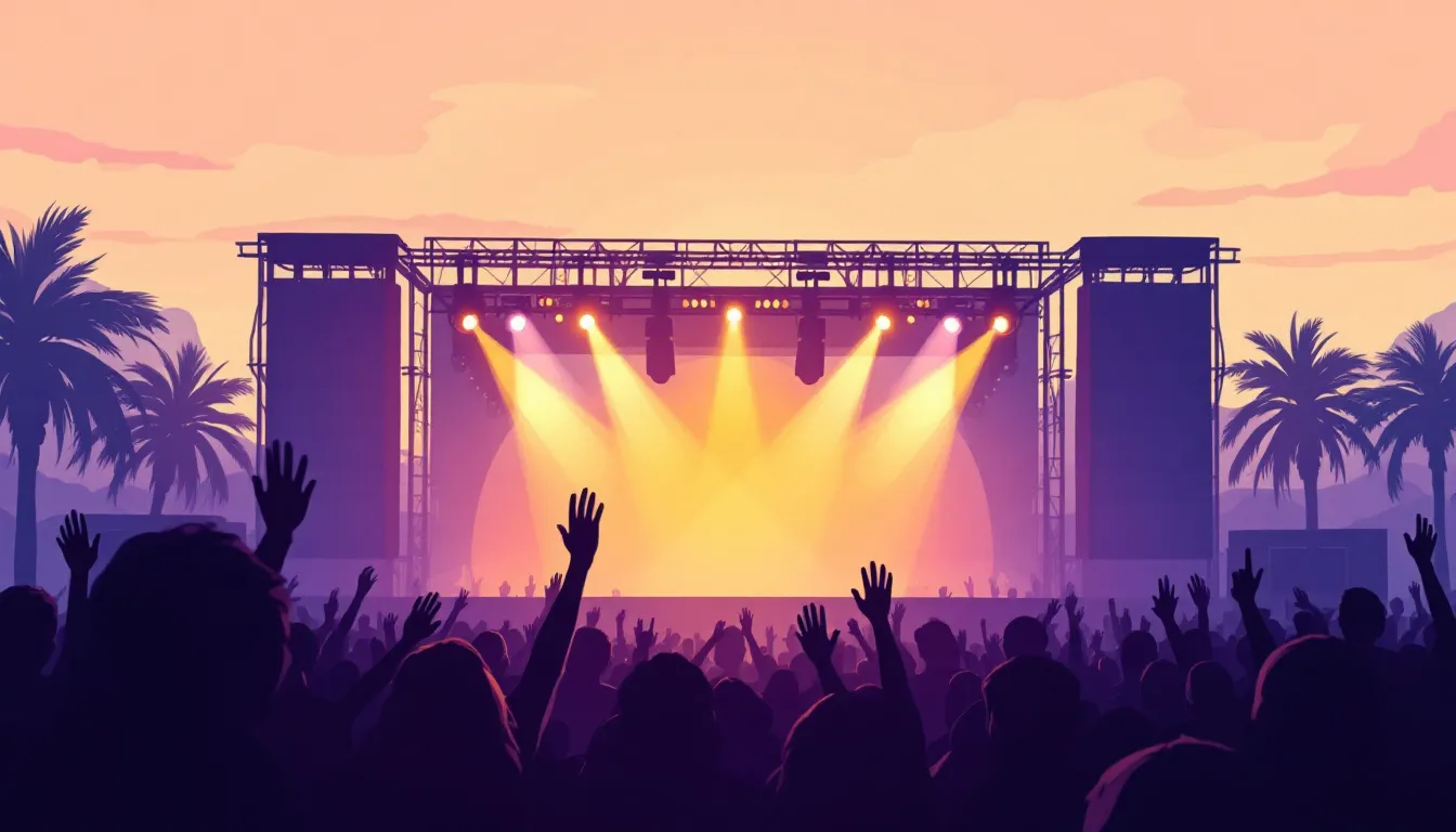 Ilustración editorial de ambiente festivalero mediterráneo al atardecer con luces de escenario
