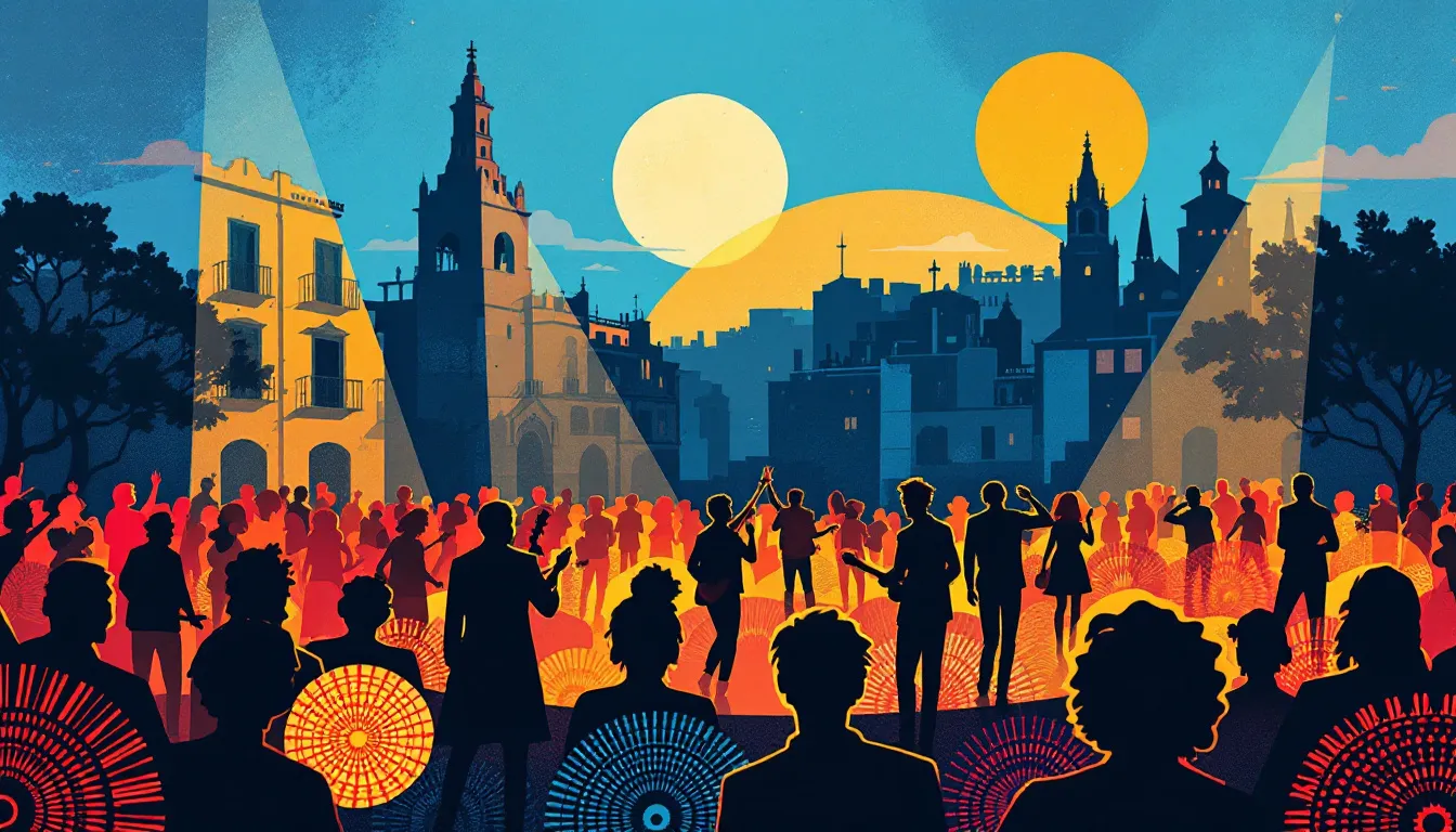 Ilustración editorial de concierto de fusión flamenca urbana con luces cálidas y siluetas abstractas de público