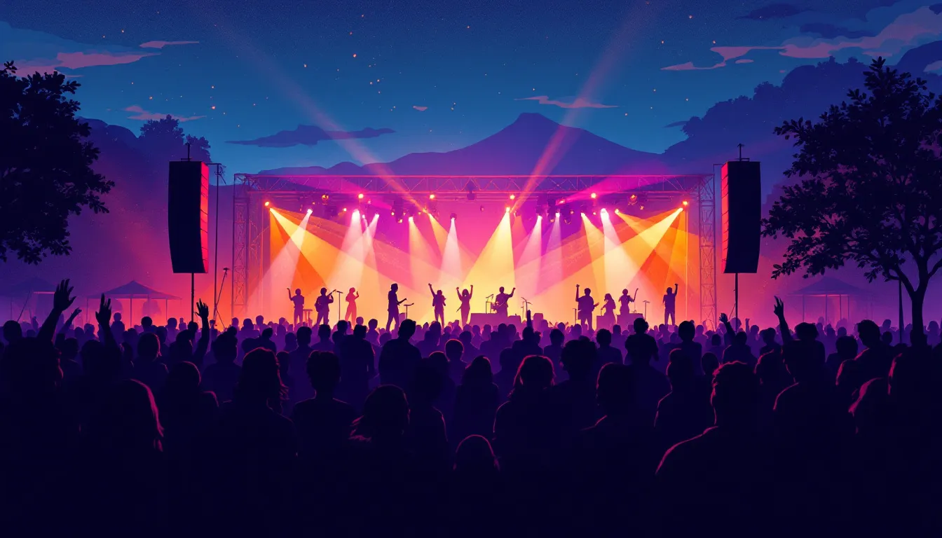 Ilustración editorial de ambiente festivalero indie nocturno con escenario y público en silueta