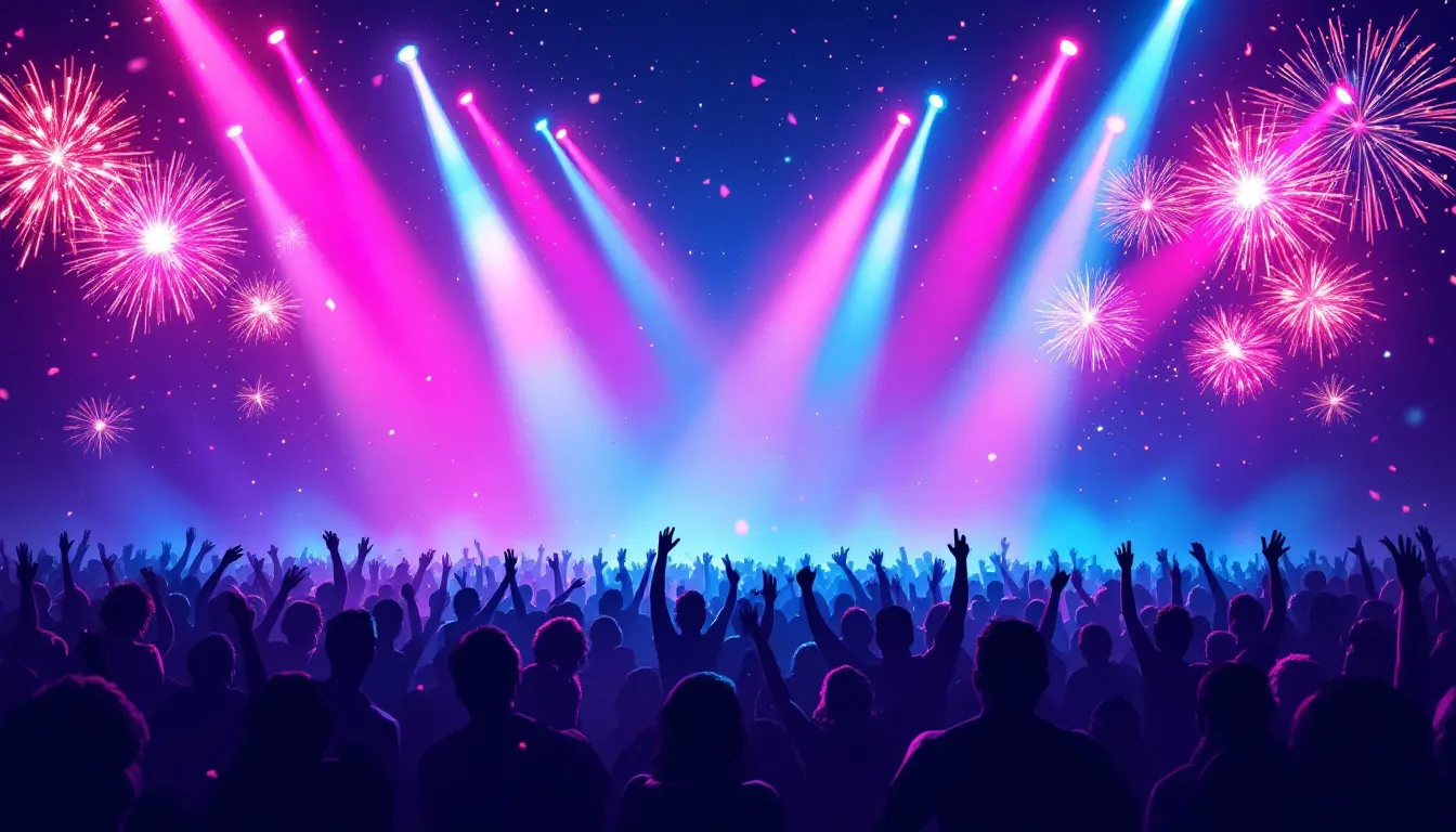 Ilustración editorial de ambiente pop festivo con luces de colores y energía veraniega