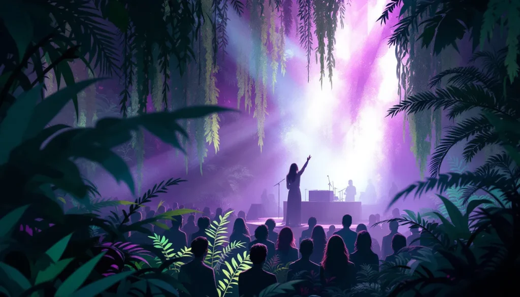Ilustración editorial de atmósfera dream-pop en jardín botánico con iluminación etérea y vegetación