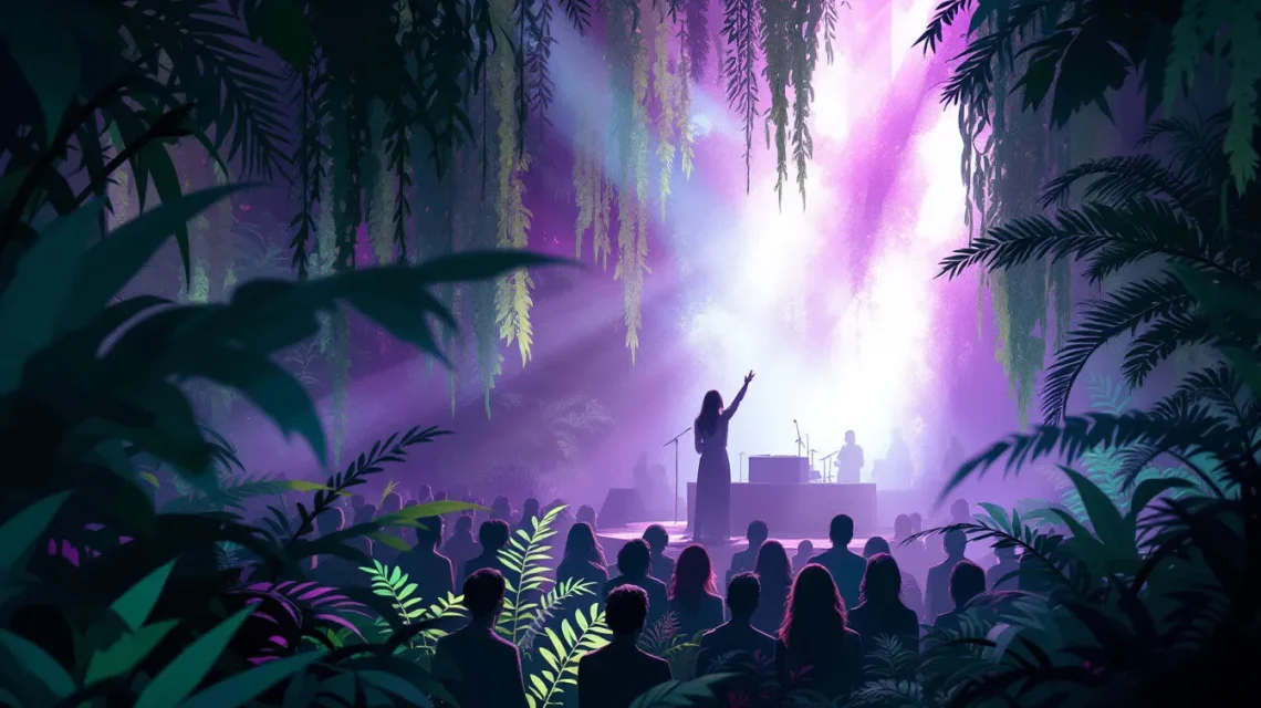Ilustración editorial de atmósfera dream-pop en jardín botánico con iluminación etérea y vegetación