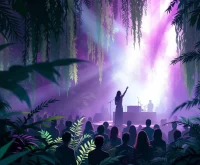 Ilustración editorial de atmósfera dream-pop en jardín botánico con iluminación etérea y vegetación