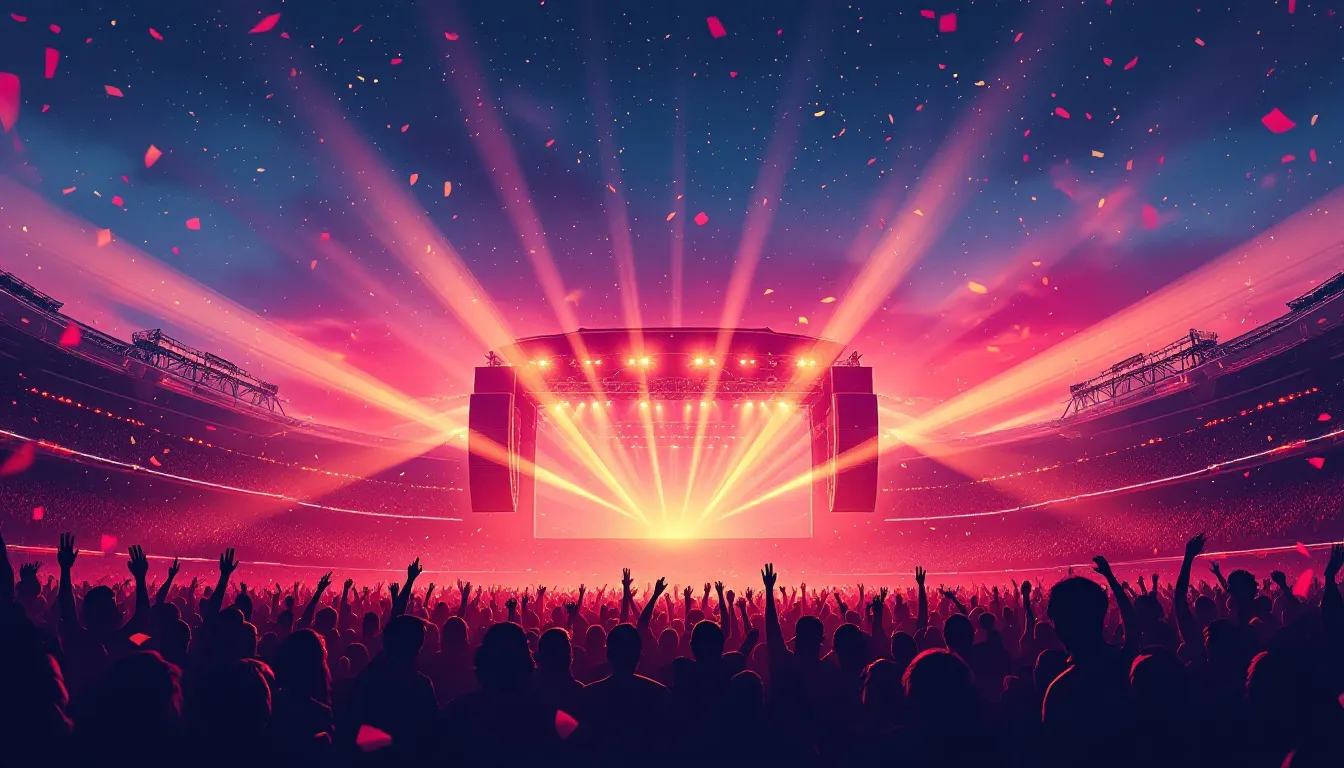 Ilustración editorial de ambiente de concierto masivo en estadio, atmósfera festiva con luces escénicas
