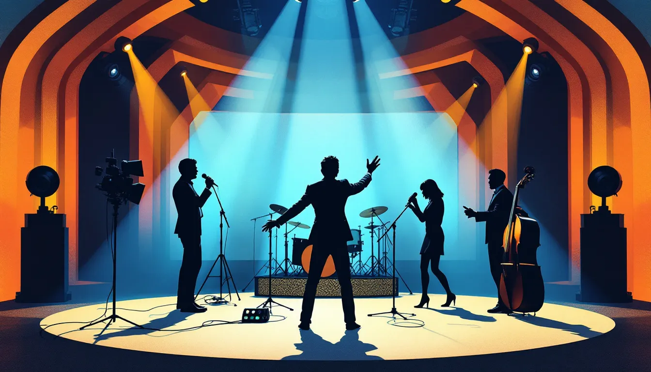 Ilustración editorial evocando un programa musical británico de los sesenta con luces de estudio y ambiente nostálgico