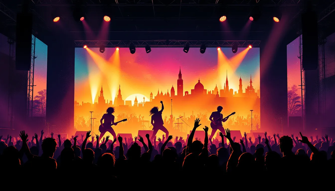 Ilustración editorial de ambiente pop-punk con guitarras y luces de escenario, conexión Madrid-Guadalajara