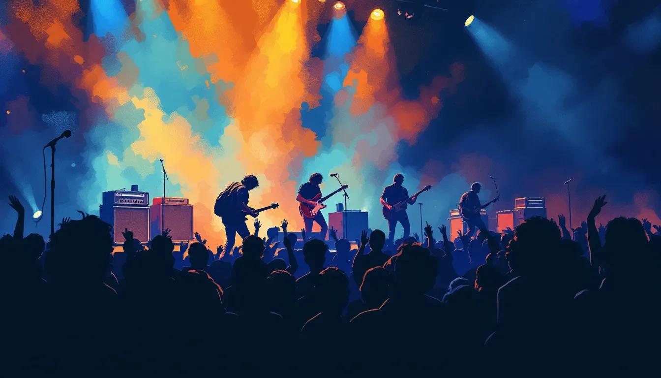 Ilustración editorial de atmósfera de concierto blues-rock con luces cálidas y guitarras eléctricas