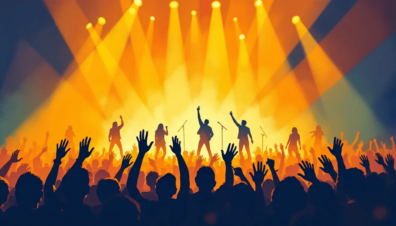 Ilustración editorial de atmósfera de concierto pop español con público y escenario iluminado