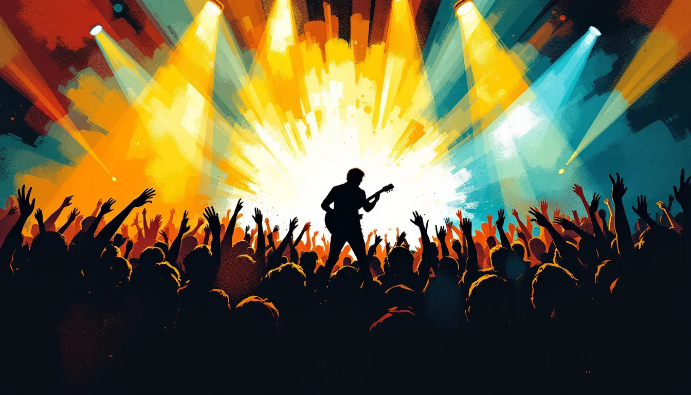 Ilustración editorial de concierto de rock español con iluminación dramática y atmósfera intensa