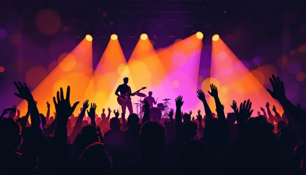 Ilustración conceptual de ambiente de concierto indie en sala íntima con luces cálidas