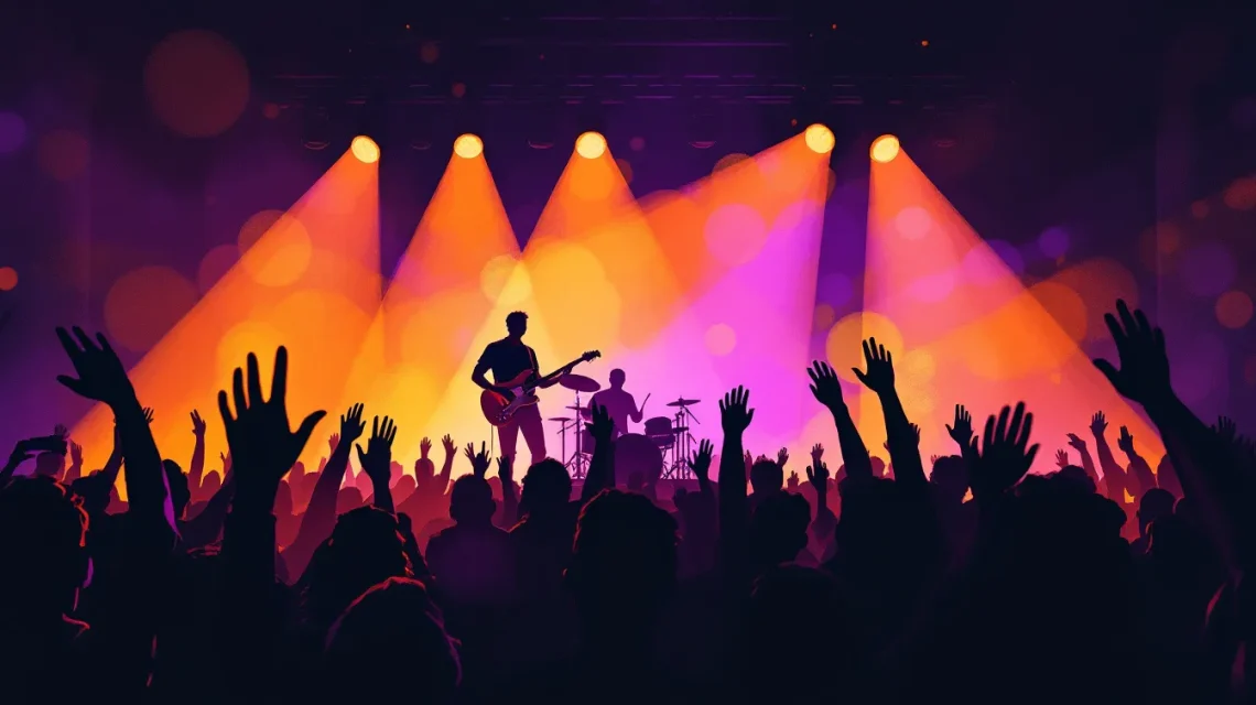 Ilustración conceptual de ambiente de concierto indie en sala íntima con luces cálidas