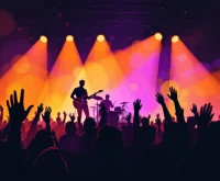 Ilustración conceptual de ambiente de concierto indie en sala íntima con luces cálidas