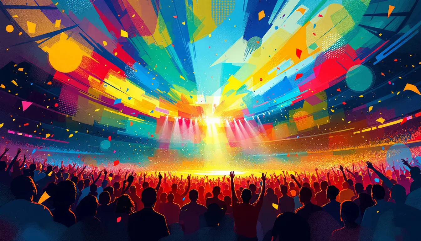 Ilustración editorial de ceremonia inaugural mundialista, atmósfera festiva en estadio con luces y público