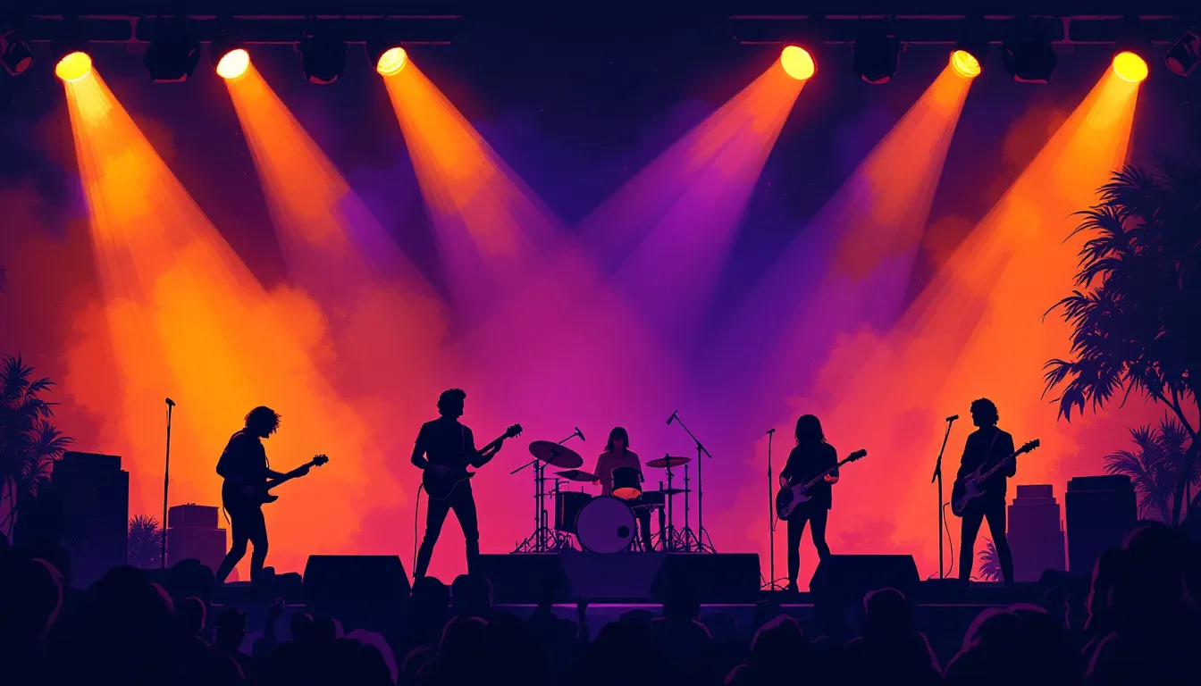 Ilustración editorial de ambiente de concierto rock indie con iluminación escénica cálida