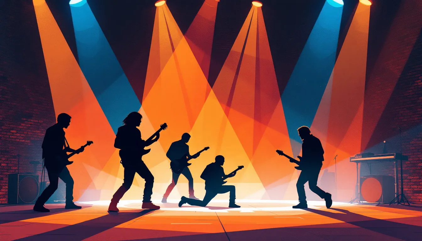 Ilustración editorial de atmósfera de concierto math rock con iluminación geométrica y siluetas abstractas