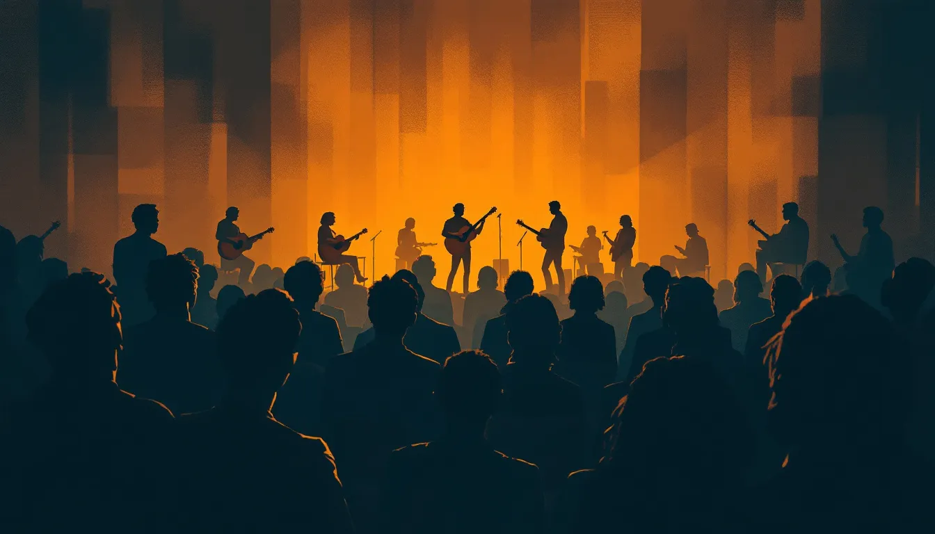 Ilustración editorial de atmósfera folk acústica íntima con iluminación cálida y siluetas abstractas