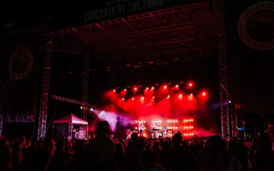 Ambiente de festival de música al aire libre con público y escenario iluminado en día de verano