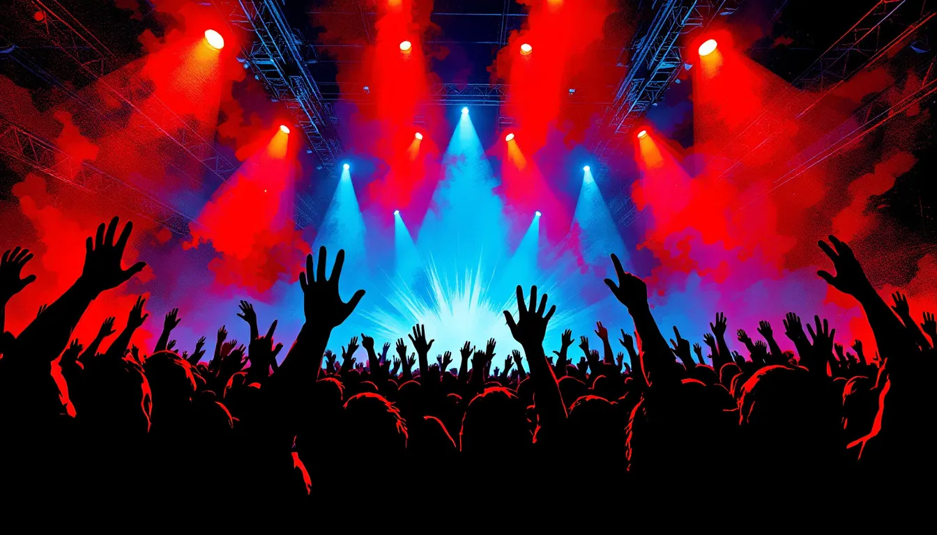 Ilustración editorial de atmósfera de concierto nu-metal con iluminación intensa y público abstracto