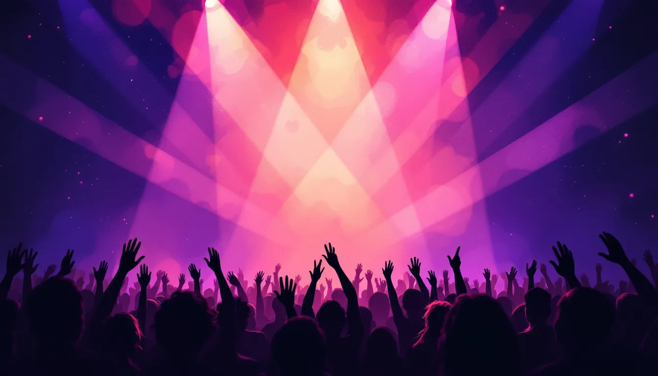 Ilustración editorial de ambiente de concierto pop con luces y atmósfera romántica